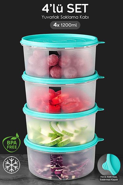 Meleni Home Set of 4 Green Food Container - Food Storage Organizer, 1200ml Round Organizer