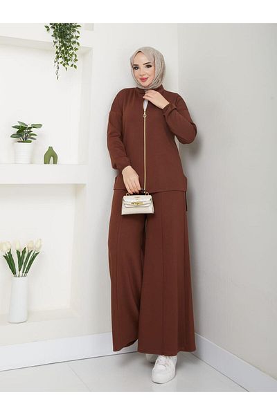 moda periy Women's Zip-Up Cardigan Wide-Leg Pants Double Suit Hijab Combination