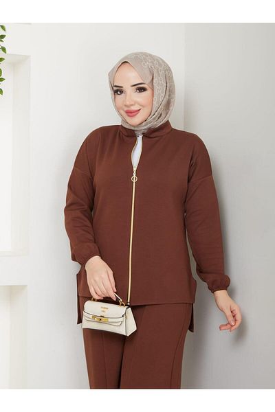 moda periy Women's Zip-Up Cardigan Wide-Leg Pants Double Suit Hijab Combination