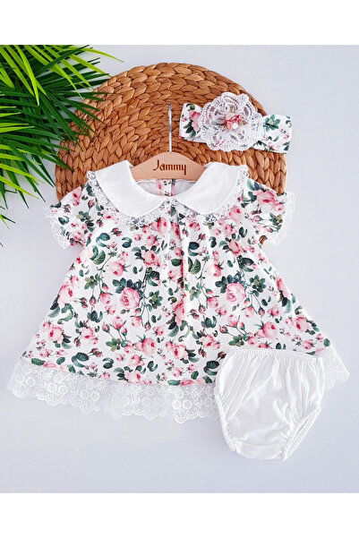 Jammybaby Çiçekli %100 Pamuk Penye Dantelli Kız Bebek Külotlu Yazlık Kısakol Elbise Bandana takım yenidoğan