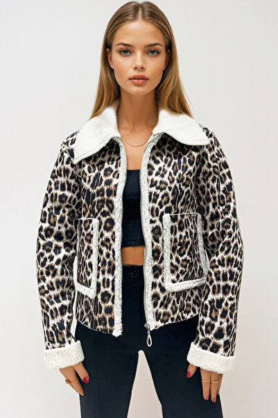 VAGGON Γυναικείο Leopard Double Pocket Faux Fur Inside Faux Leather Biker Jacket Prm0408