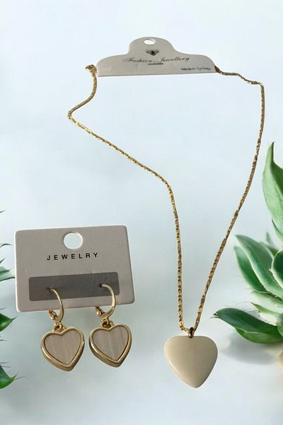 Saltos White Heart Gold Necklace and Earrings Jewelry Set Women's Accessory Heart Necklace Earrings Women's Accessory