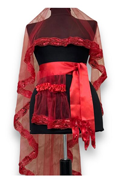COOL NİGHT Red Elegant Bridal Veil Set, Water Stone Fish Model Sparkling Henn...