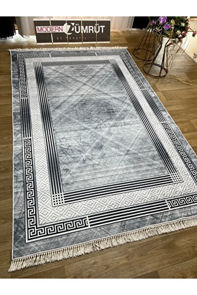 Zümrüt Ev Tekstil Dijital Baskılı Makinede Yıkanabilir Dot Taban Halı Talia Gri