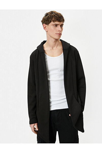Koton Hooded Cardigan with Stitching Detail and Asymmetric Cut with Pockets