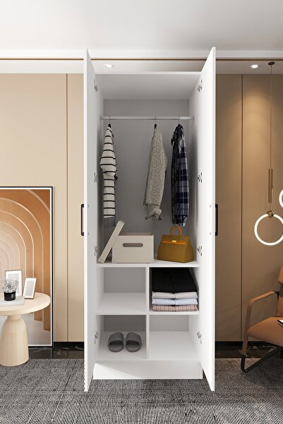 Mercie KAPAKLI 80 cm'lik Askılıklı Dört Bölmeli Raflı Giyinme Dolap-BEYAZ