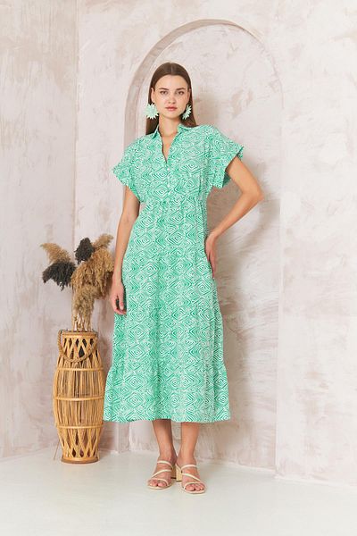 Darlin Moda Rochie de damă verde cu mânecă scurtă cu guler de cămașă - DM1044