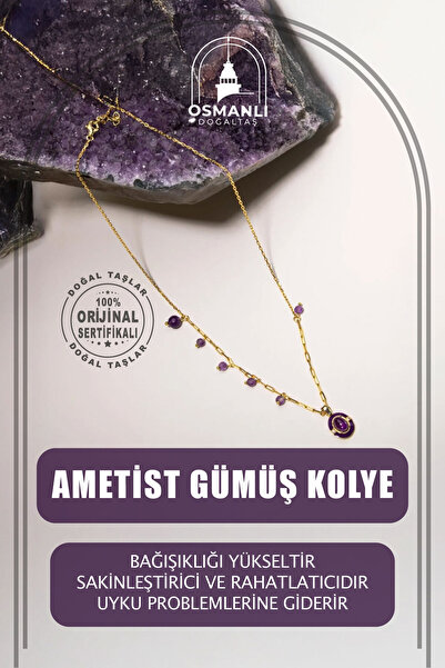 OSMANLI DOĞAL TAŞ Ametist Doğal Taş Gümüş Tasarım Kolye - 54cm