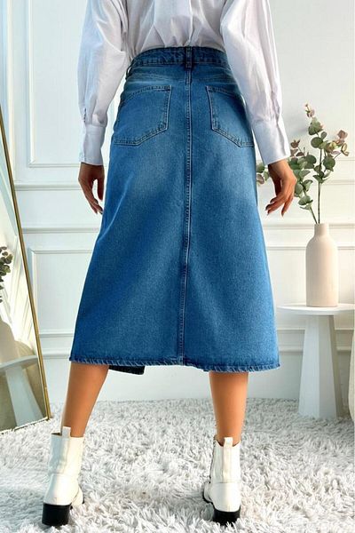 ZAROLİ Fusta albastră din denim - Lungime midi, detaliu cu clemă și despicare