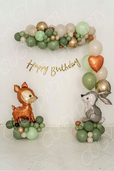 CUGY Birthday Party Celebration Set with Rabbit and Deer Detail in Retro Green Sea Sand Colors
