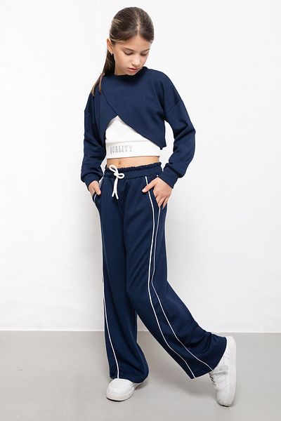 Cansın Mini Navy Blue Stripe Detailed Wide Leg Cropped Girl's 3-Piece Set 19841