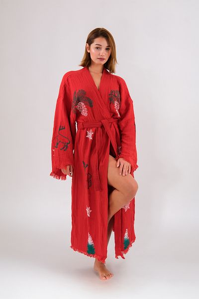 Befera Design Christmas Muslin Kimono 100% Cotton Christmas Printed Patterned Bathrobe Kaftan Dressing Gown