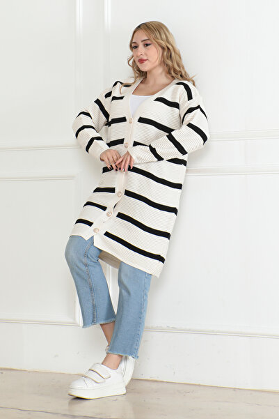 DESTEMODA Πλεκτό Ζακέτα με ρίγες με κουμπιά Χρώμα πέτρας 1019