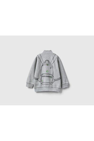 United Colors of Benetton Сив меланжиран суичър за момче - раница с щампи, цип и яка