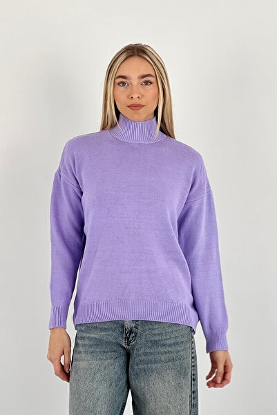 Miss Poem Women's High-Top Turtleneck Long Winter Lilac Knitwear Sweater