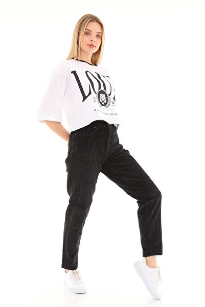 THE BARK Kadın Mom Kadife Pantolon 1037-1022 Siyah