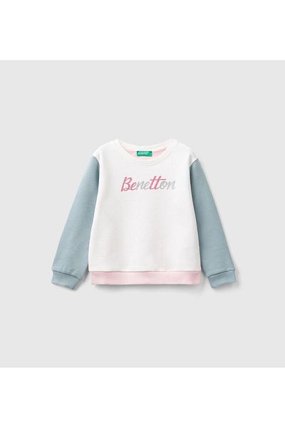 United Colors of Benetton Kız Çocuk Pembe Mix Önü Simli Logo Baskılı Normal Kesim Bisiklet Yaka Sweatshirt