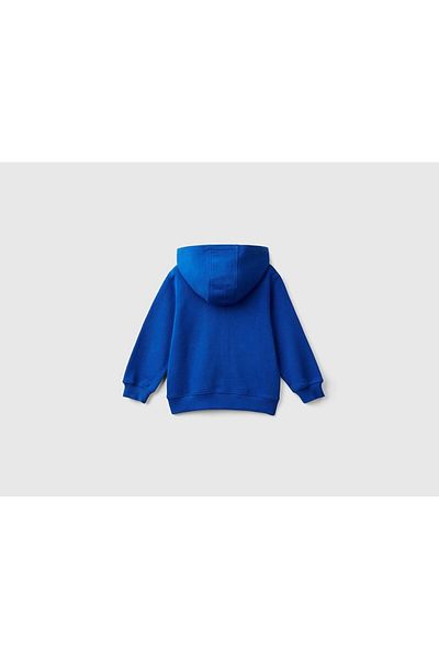 United Colors of Benetton Boy - Saks Blue Logo Printed Kangaroo Pocket Hooded Sweatshirt