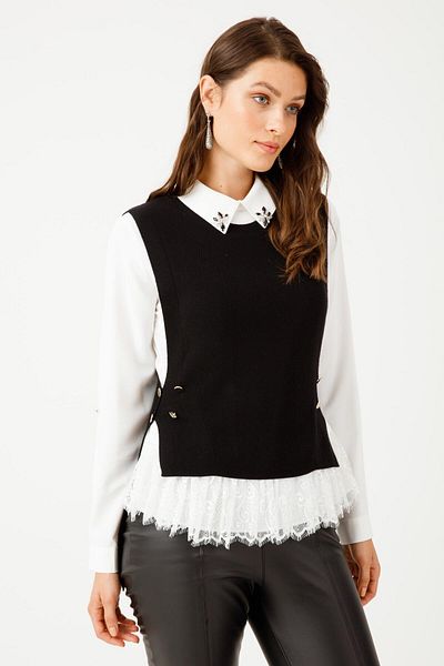 Moda İlgi Black Knitwear Blouse with Stone Detail - Modailgi Collar and Lace Skirt