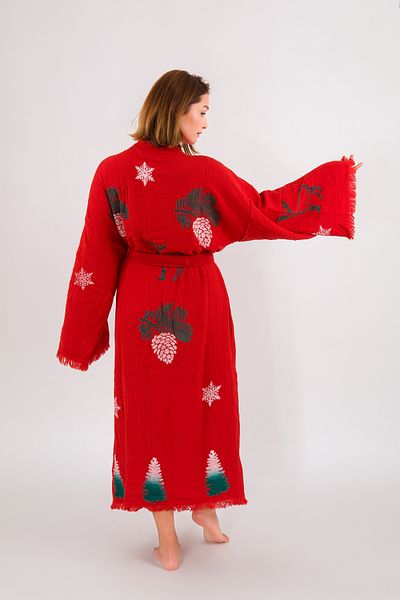 Befera Design Christmas Muslin Kimono 100% Cotton Christmas Printed Patterned Bathrobe Kaftan Dressing Gown