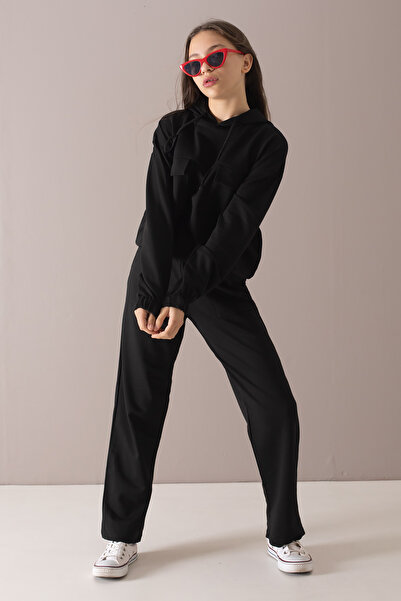 Cansın Mini Σετ φόρμας για κορίτσια με μαύρη τσέπη με κουκούλα 19781