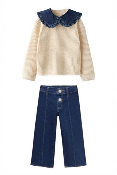 Minigimin Cicileri My Mini's Gentlewomen Tricoturi Guler denim (vârsta 2-10) Set 2 piese pentru fetiță - crem