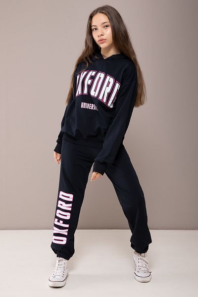 Cansın Mini Set de trening pentru fete, albastru bleumarin cu imprimeu Oxford - cu glugă 19821