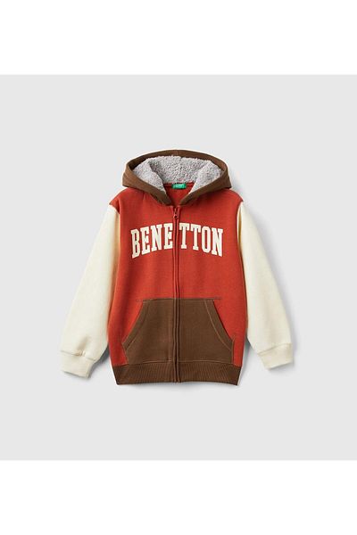 United Colors of Benetton Hanorac cu glugă cu fermoar și buzunar imprimat cu logo-ul pentru băiat