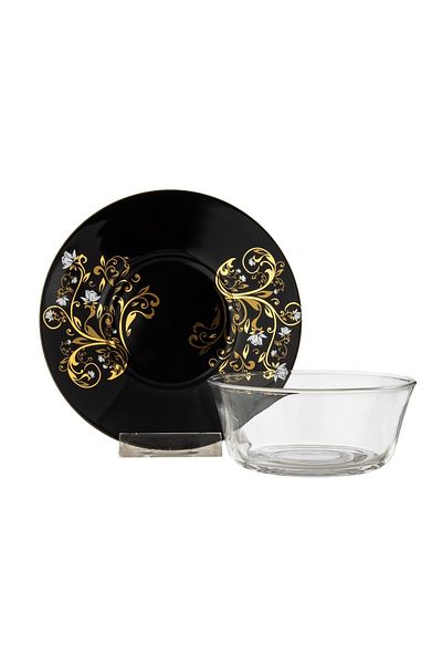 Dania Clear Glass Yogurt Set with Black Porcelain Plate, 6 Bowls + 6 Plates
