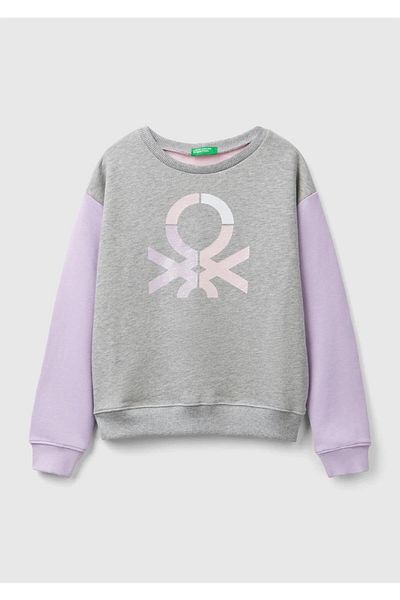 United Colors of Benetton Glitter Logo Printed Gray Melange Girl's Sweatshirt - Crew Neck