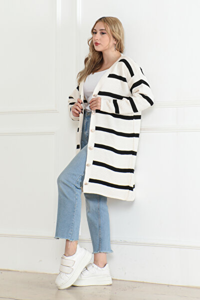 DESTEMODA Πλεκτό Ζακέτα με ρίγες με κουμπιά Χρώμα πέτρας 1019