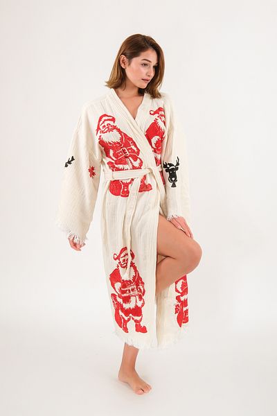 Befera Design Christmas Muslin Kimono 100% Cotton Christmas Printed Patterned Bathrobe Kaftan Dressing Gown