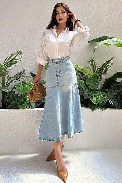 ZAROLİ Women's Flared Maxi Length Long Denim Skirt
