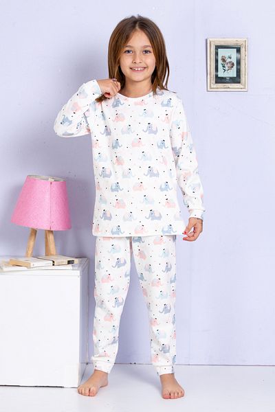 elmas kids Girl's and Baby's Cute Elephant Print Ecru 100% Cotton Pajamas Set
