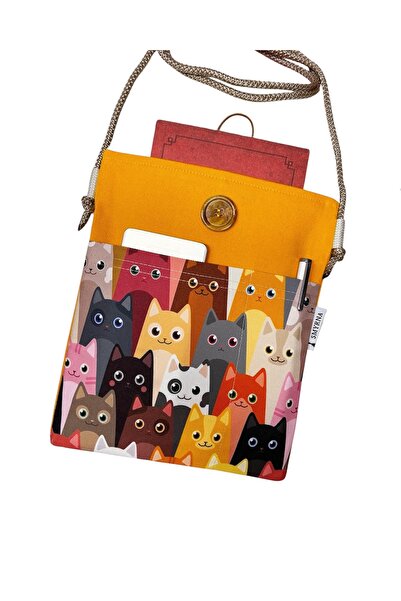 Smyrna Hanging - Book / Tablet / Ebook Bag - Detachable Strap (Cats, Yellow)