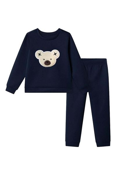 LUESS Boy's Plush Embroidered Comfortable Set - Teddy Bear Patterned Bottom Top Set (3-4 Years 8-9 Years)