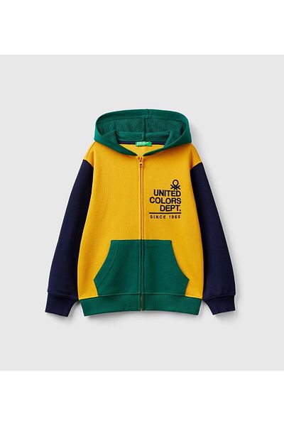 United Colors of Benetton Yellow Mix Logo Embroidered Boys' Sweatshirt - Zipper and Hood