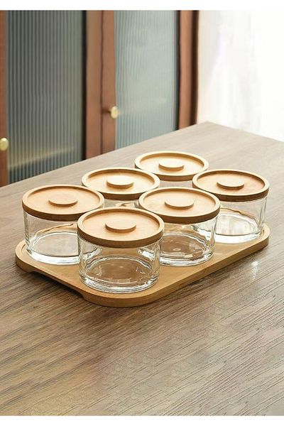 HOMİNG Homing 13 Pieces Glass Breakfast with Wooden Bamboo Lid and Holder 241787