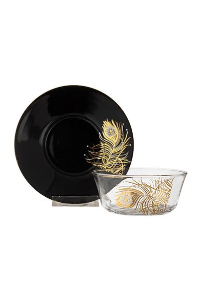 Dania Clear Glass Yogurt Set with Black Porcelain Plate, 6 Bowls + 6 Plates