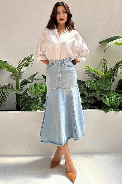 ZAROLİ Women's Flared Maxi Length Long Denim Skirt