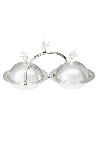 Dania Double date bowl of 2 pieces with metal stand with dove decor