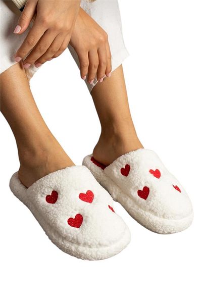 Liger Embroidery Detailed Women's House Slippers - Dowry Bundle, Valentine's Day White - Red