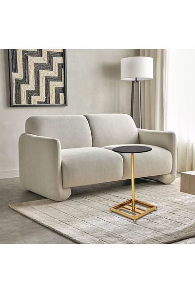 Areka Golden Service Table, Golden Iron Base, Black Glass Top