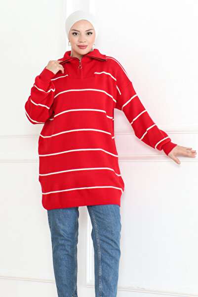 DESTEMODA سترة تريكو مخططة بياقة بسحاب أحمر 1004