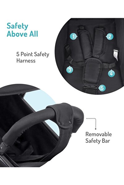 Bonfino Feather Lite Cabin Stroller, Compact Tri-fold, Linen Fabric, Adjustable Canopy - Black