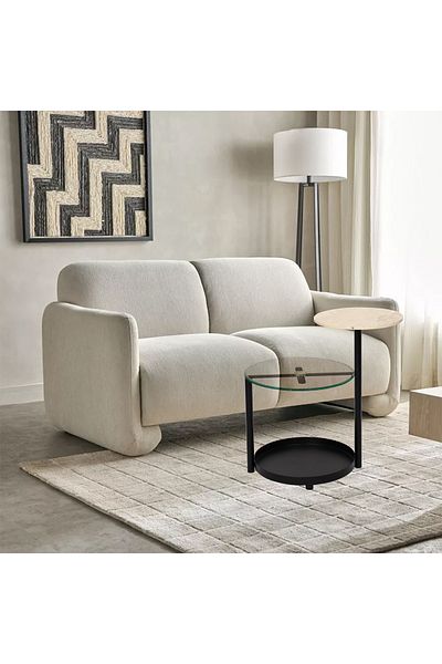Areka Clear Glass Corner Table With Black Travertine