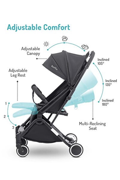 Bonfino Feather Lite Cabin Stroller, Compact Tri-fold, Linen Fabric, Adjustable Canopy - Black