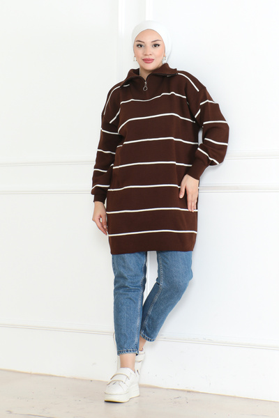 DESTEMODA سترة تريكو مخططة بياقة بسحاب بني 1004