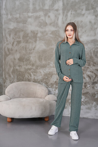 Miss Dünya Lissa طقم قميص أمامي بأزرار سفلية وياقة قميص شتوية وجيب من القماش الملفوف للحوامل والحوامل