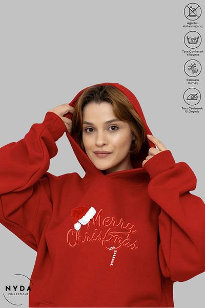 Nyda Collections Унисекс суитшърт с качулка и щампа „Весела Коледа“